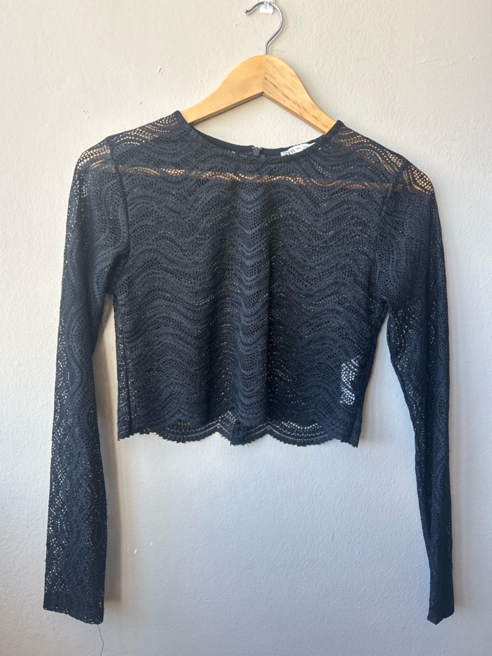 Zara Black Scalloped Lace Long-Sleeve Crop Top